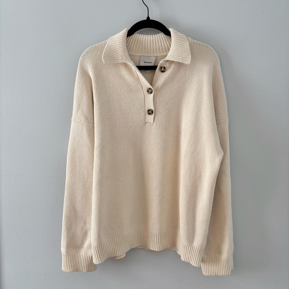 Reformation Brooklyn Organic Cotton Sweater Polo Thick Knit Pullover Cream - Picture 2 of 8